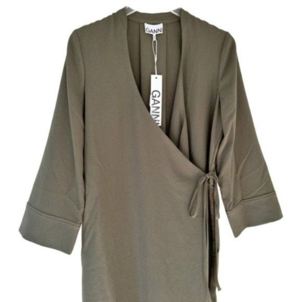 Ganni Heavy Crepe Army Green Tie Waist Wrap Midi Dress Size 36 - Picture 3 of 12